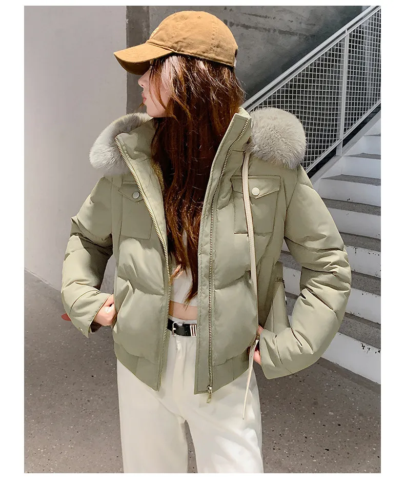 Fashion Multi Pockets Hooded Parkas for Women Winter Thick Warm Padded Jacket Female Solid Color Korean Cropped Puffer Jackets