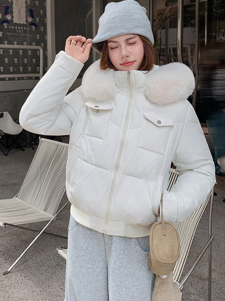 Fashion Multi Pockets Hooded Parkas for Women Winter Thick Warm Padded Jacket Female Solid Color Korean Cropped Puffer Jackets