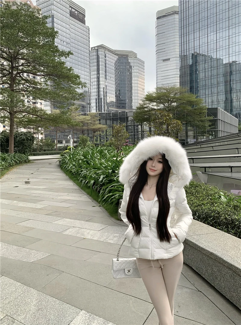 Korean Sweet Girl Fur Collar Hooded Cotton Jacket for Women's Winter Slim Fit Thickened Fashion White Cotton Clip Short Jacket