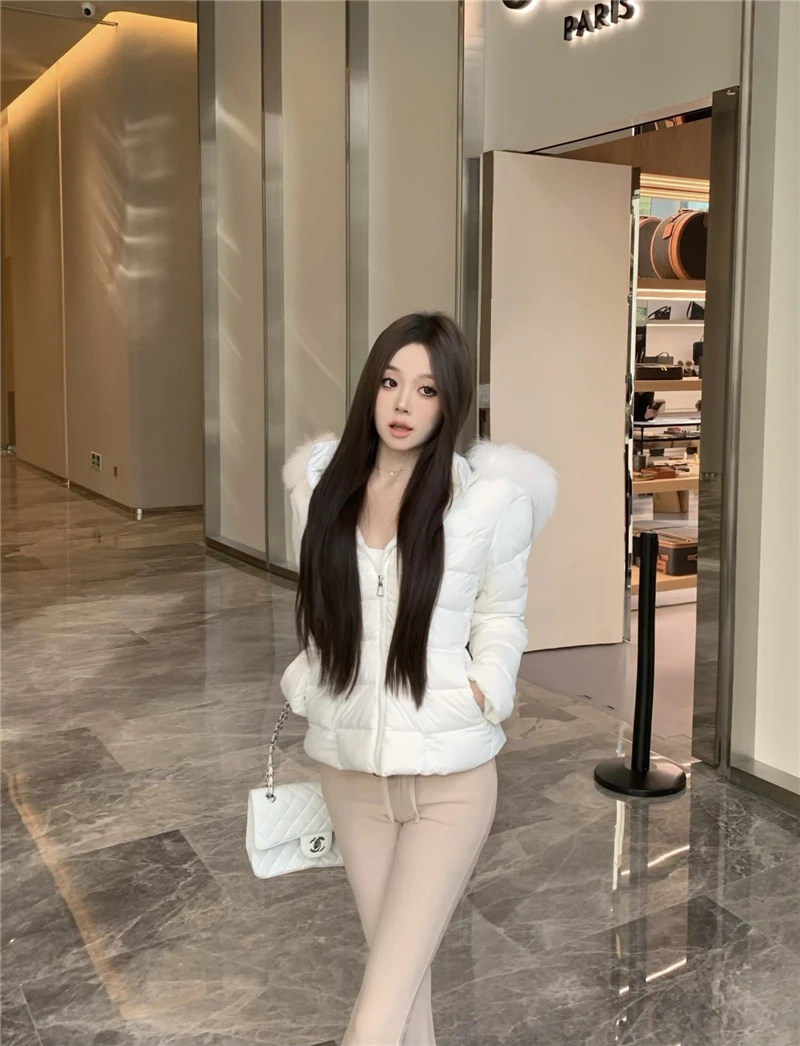 Korean Sweet Girl Fur Collar Hooded Cotton Jacket for Women's Winter Slim Fit Thickened Fashion White Cotton Clip Short Jacket