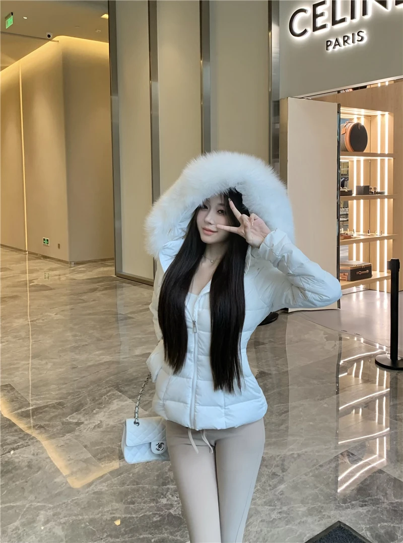 Korean Sweet Girl Fur Collar Hooded Cotton Jacket for Women's Winter Slim Fit Thickened Fashion White Cotton Clip Short Jacket