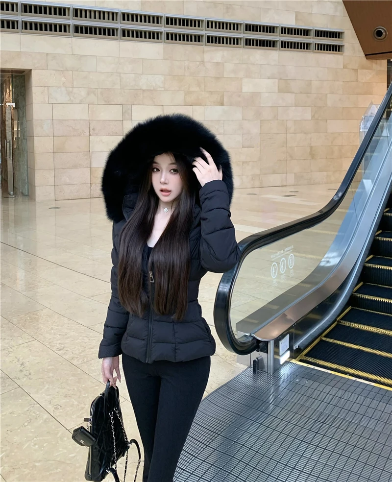Korean Sweet Girl Fur Collar Hooded Cotton Jacket for Women's Winter Slim Fit Thickened Fashion White Cotton Clip Short Jacket
