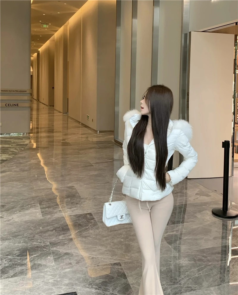 Korean Sweet Girl Fur Collar Hooded Cotton Jacket for Women's Winter Slim Fit Thickened Fashion White Cotton Clip Short Jacket