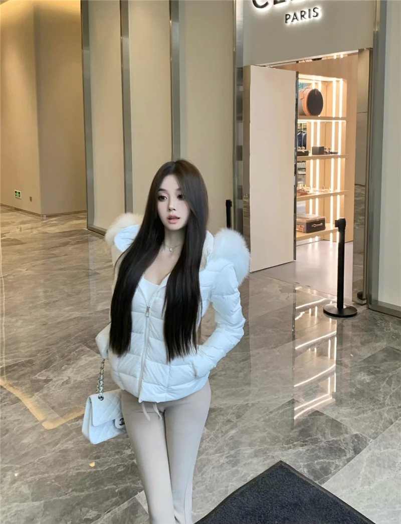 Korean Sweet Girl Fur Collar Hooded Cotton Jacket for Women's Winter Slim Fit Thickened Fashion White Cotton Clip Short Jacket