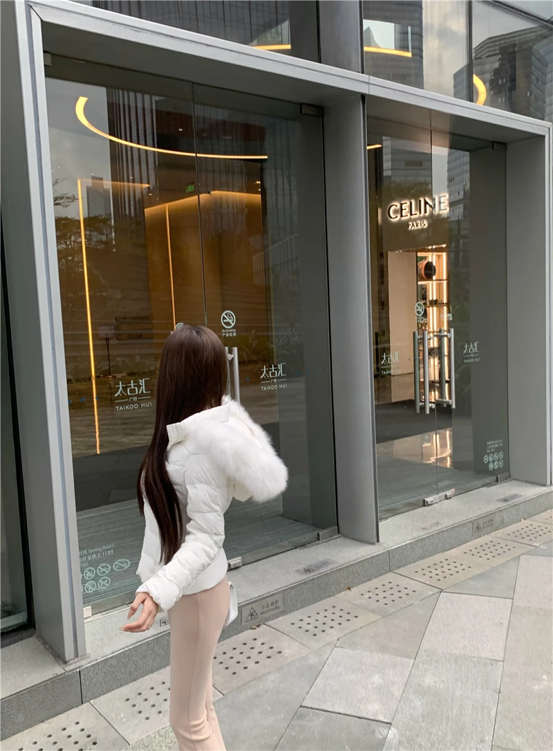 Korean Sweet Girl Fur Collar Hooded Cotton Jacket for Women's Winter Slim Fit Thickened Fashion White Cotton Clip Short Jacket