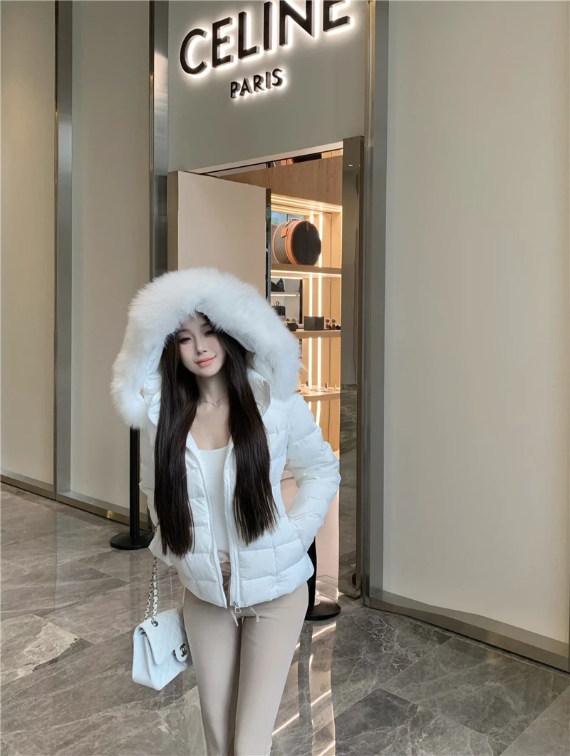 Korean Sweet Girl Fur Collar Hooded Cotton Jacket for Women's Winter Slim Fit Thickened Fashion White Cotton Clip Short Jacket