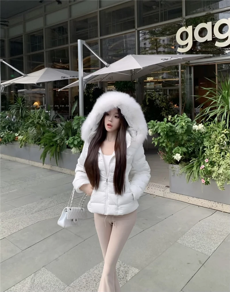 Korean Sweet Girl Fur Collar Hooded Cotton Jacket for Women's Winter Slim Fit Thickened Fashion White Cotton Clip Short Jacket