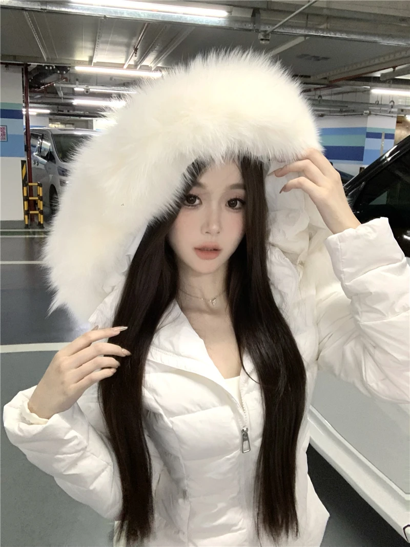 Korean Sweet Girl Fur Collar Hooded Cotton Jacket for Women's Winter Slim Fit Thickened Fashion White Cotton Clip Short Jacket