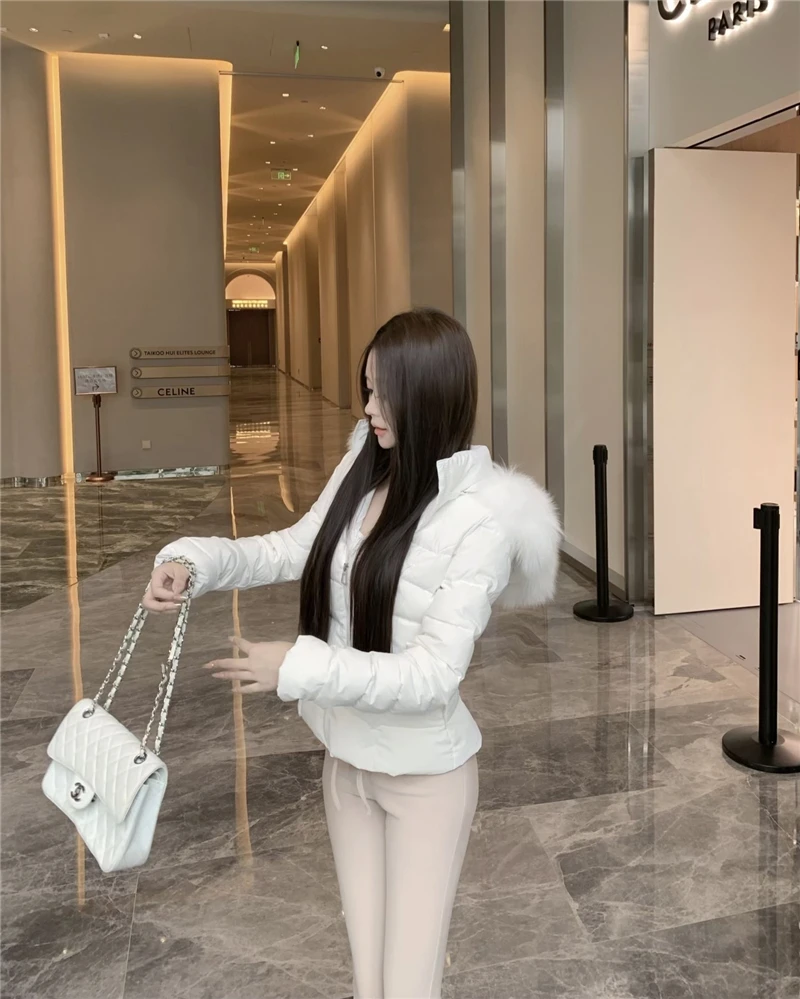 Korean Sweet Girl Fur Collar Hooded Cotton Jacket for Women's Winter Slim Fit Thickened Fashion White Cotton Clip Short Jacket