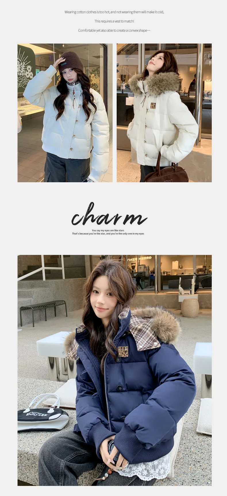 American Retro Cropped Hooded Cotton Padded Jacket Women Plaid Spliced Solid Color Parkas Women Winter Fleece Lined Thick Jacket