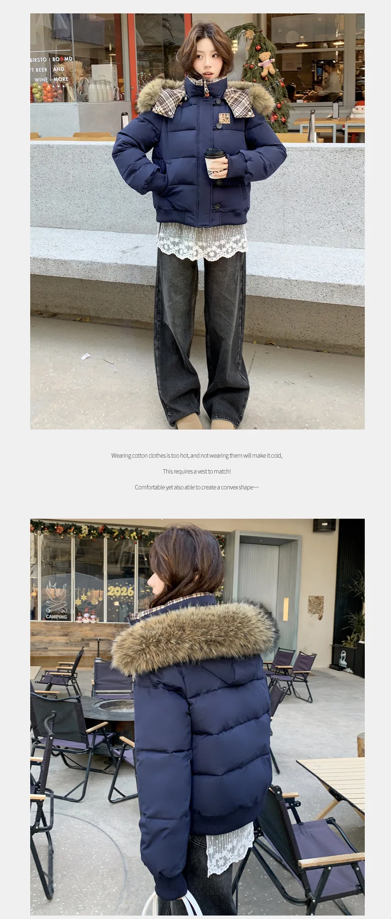 American Retro Cropped Hooded Cotton Padded Jacket Women Plaid Spliced Solid Color Parkas Women Winter Fleece Lined Thick Jacket