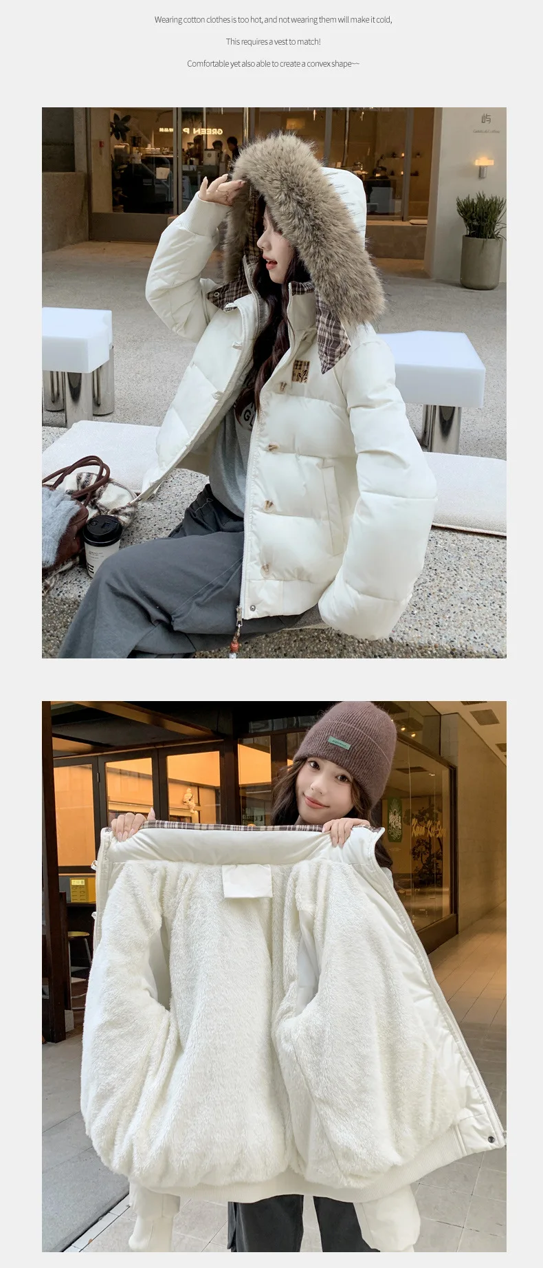 American Retro Cropped Hooded Cotton Padded Jacket Women Plaid Spliced Solid Color Parkas Women Winter Fleece Lined Thick Jacket