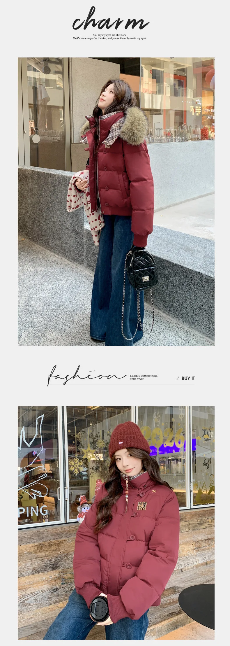 American Retro Cropped Hooded Cotton Padded Jacket Women Plaid Spliced Solid Color Parkas Women Winter Fleece Lined Thick Jacket