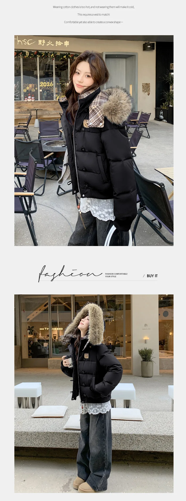 American Retro Cropped Hooded Cotton Padded Jacket Women Plaid Spliced Solid Color Parkas Women Winter Fleece Lined Thick Jacket