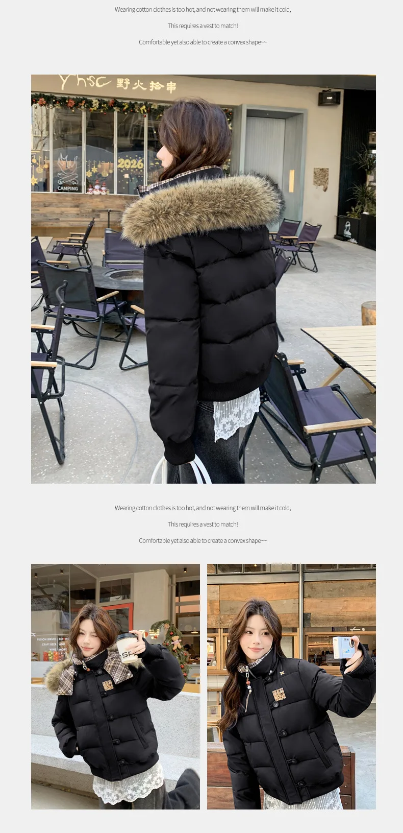 American Retro Cropped Hooded Cotton Padded Jacket Women Plaid Spliced Solid Color Parkas Women Winter Fleece Lined Thick Jacket