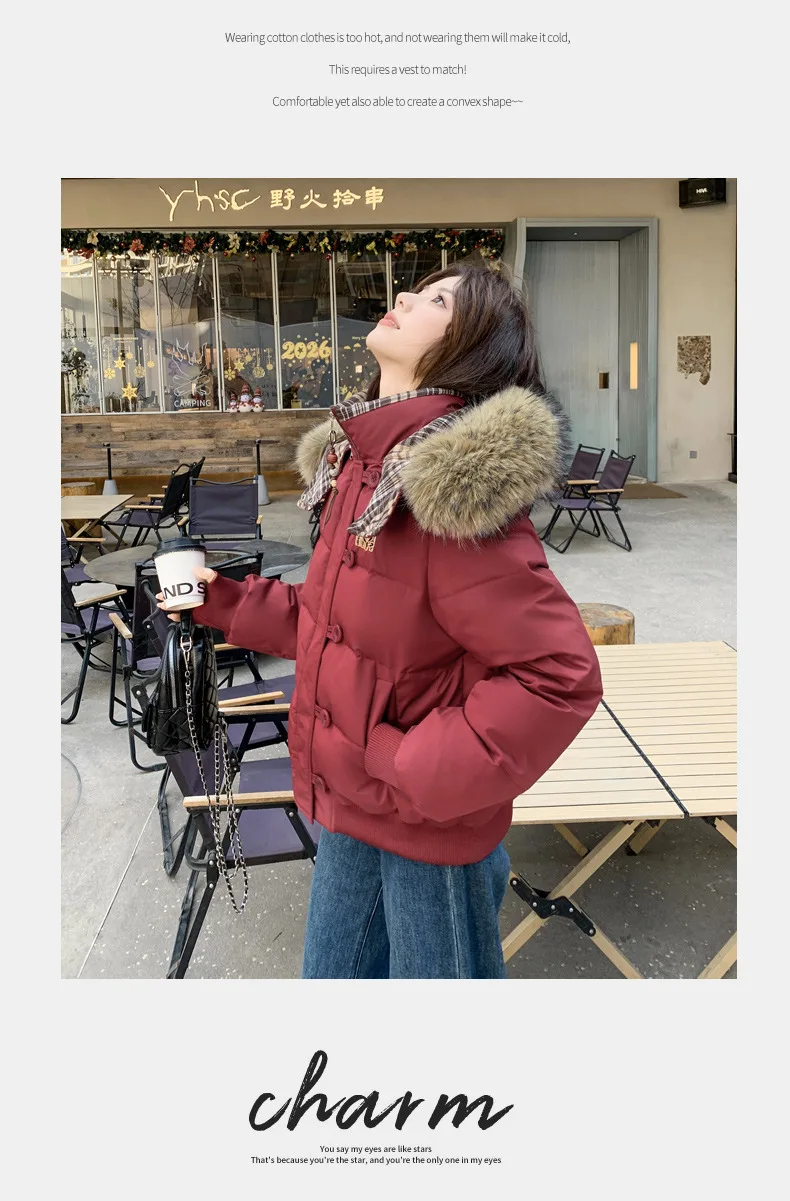 American Retro Cropped Hooded Cotton Padded Jacket Women Plaid Spliced Solid Color Parkas Women Winter Fleece Lined Thick Jacket
