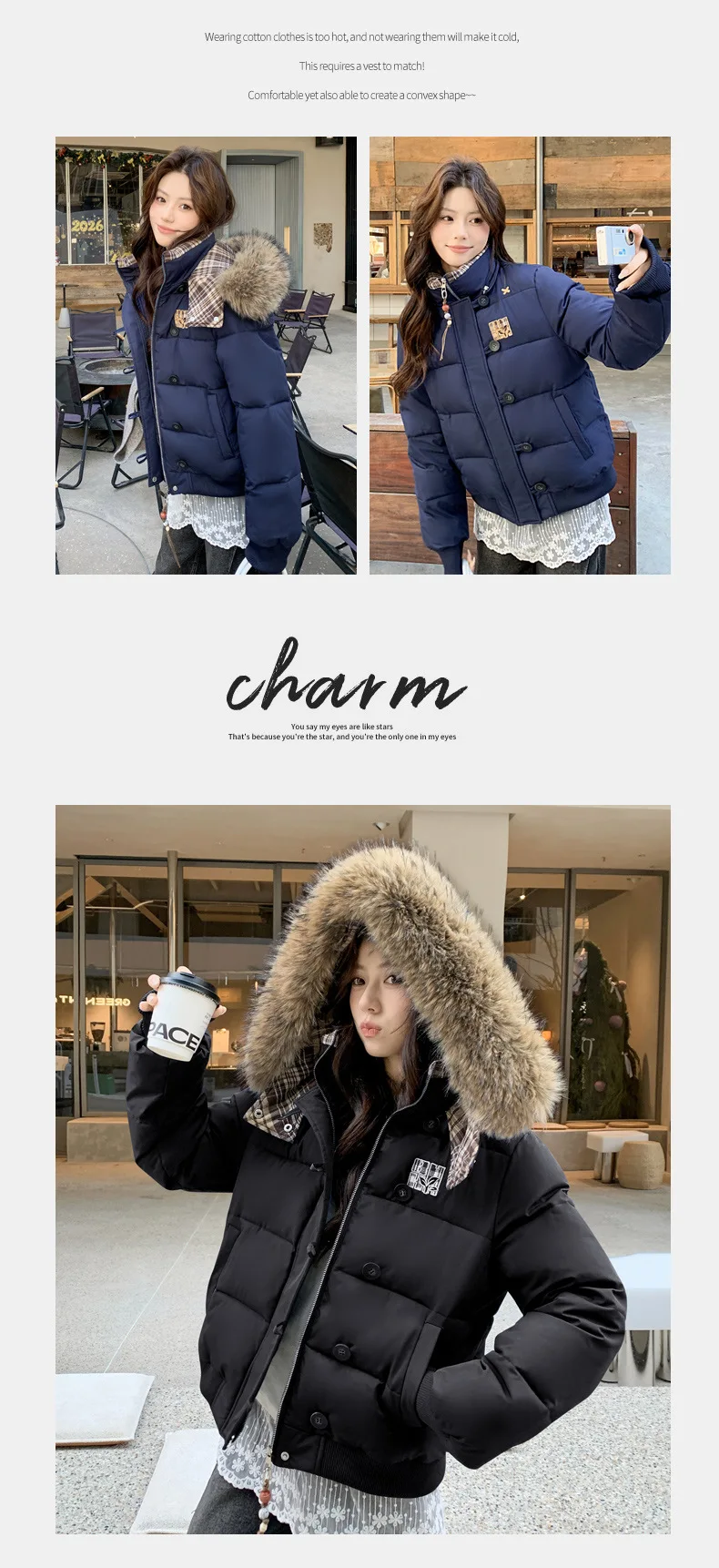American Retro Cropped Hooded Cotton Padded Jacket Women Plaid Spliced Solid Color Parkas Women Winter Fleece Lined Thick Jacket