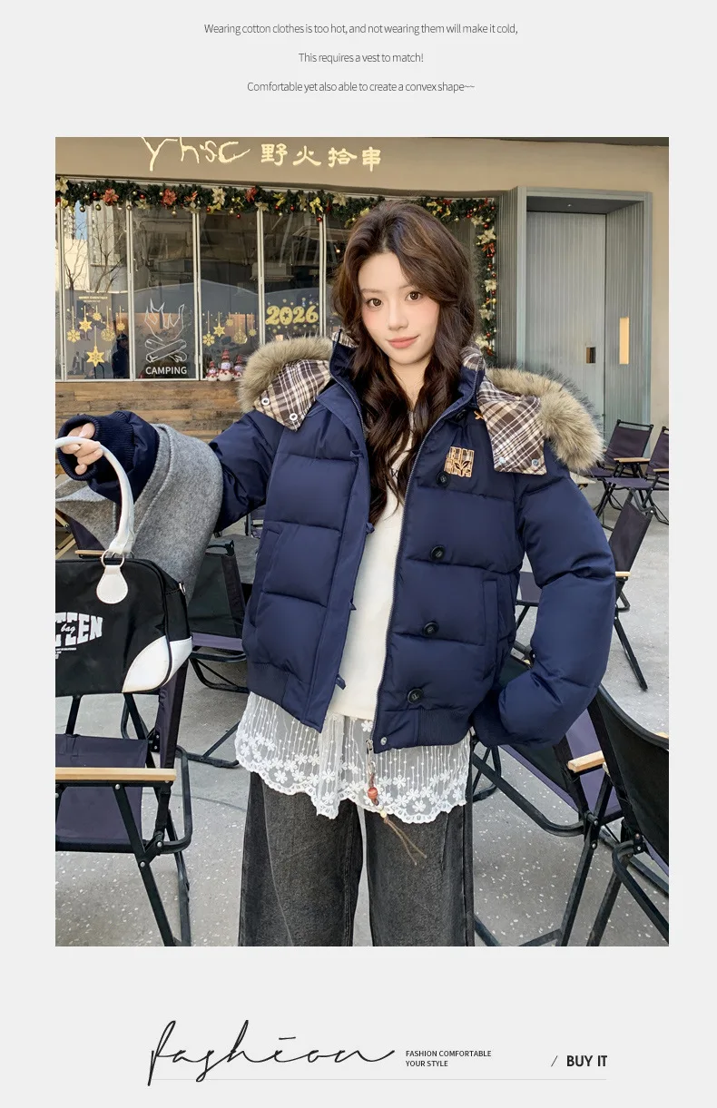 American Retro Cropped Hooded Cotton Padded Jacket Women Plaid Spliced Solid Color Parkas Women Winter Fleece Lined Thick Jacket