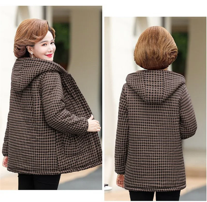 5XL Mom's Winter Outfit With Plush And Thick Parka Middle-Aged And Elderly Women's Hooded And Warm Jacket Lady's Short Outcoat