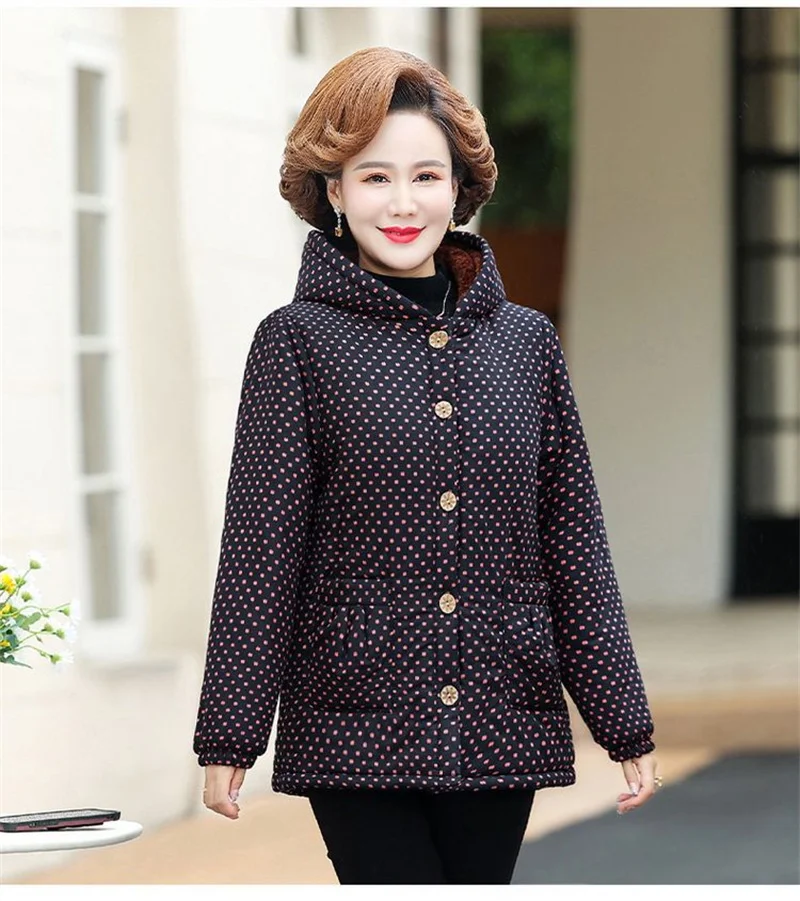 5XL Mom's Winter Outfit With Plush And Thick Parka Middle-Aged And Elderly Women's Hooded And Warm Jacket Lady's Short Outcoat