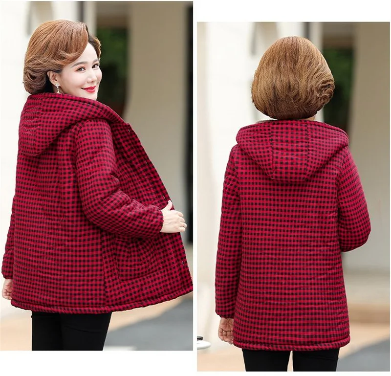 5XL Mom's Winter Outfit With Plush And Thick Parka Middle-Aged And Elderly Women's Hooded And Warm Jacket Lady's Short Outcoat