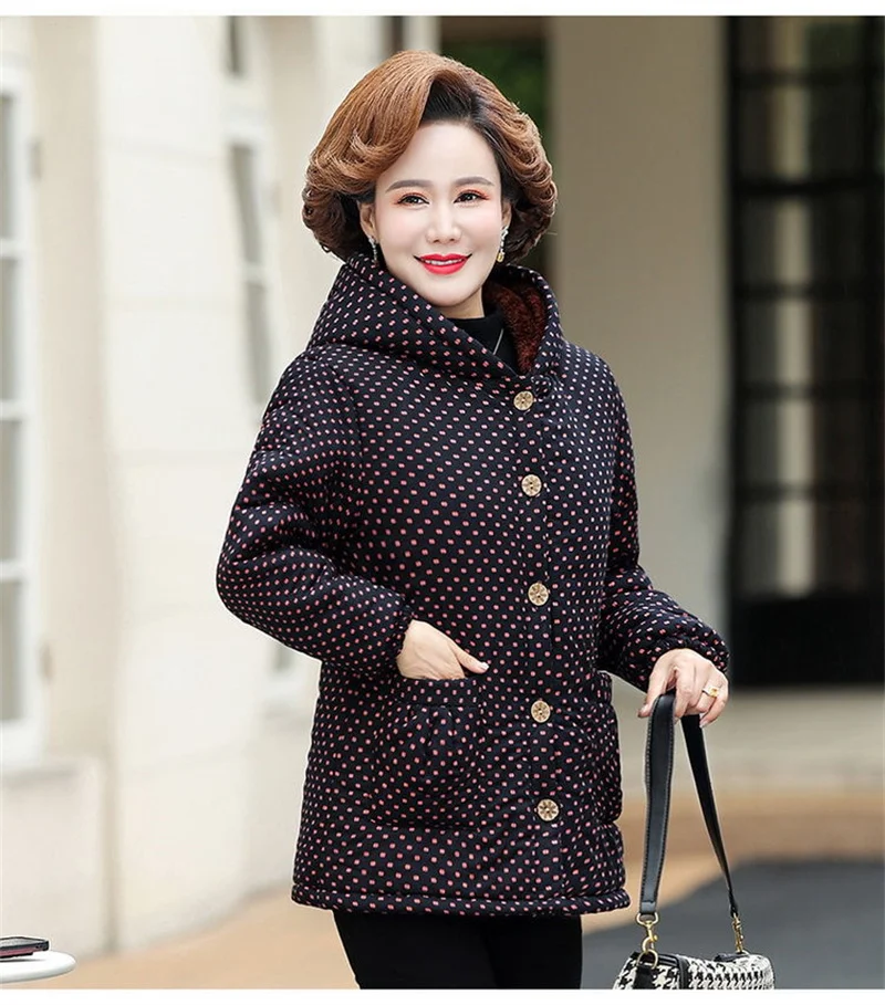 5XL Mom's Winter Outfit With Plush And Thick Parka Middle-Aged And Elderly Women's Hooded And Warm Jacket Lady's Short Outcoat