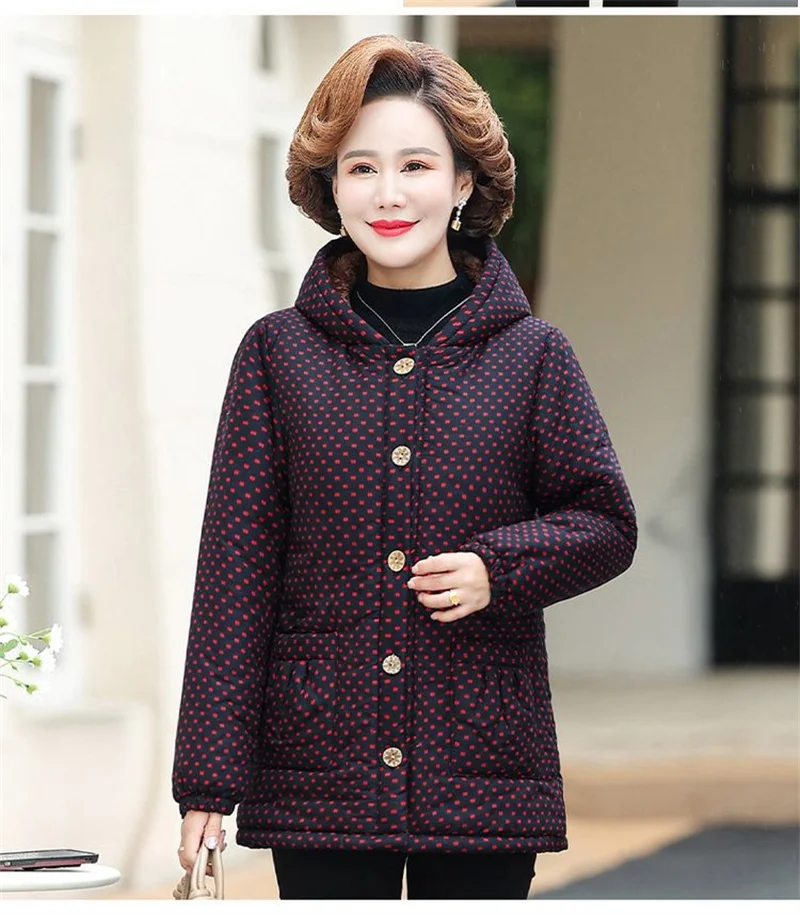 5XL Mom's Winter Outfit With Plush And Thick Parka Middle-Aged And Elderly Women's Hooded And Warm Jacket Lady's Short Outcoat