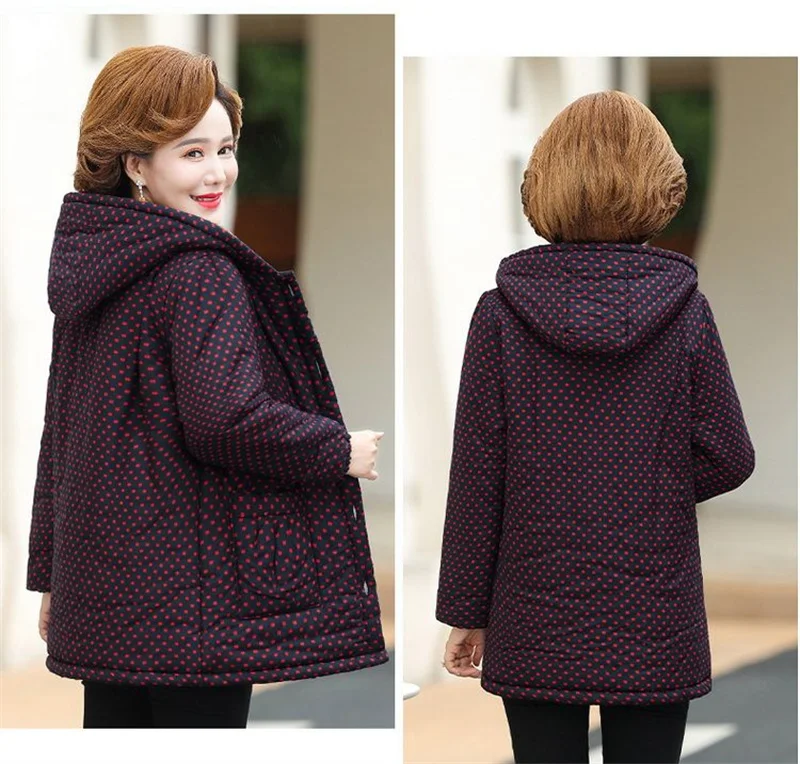 5XL Mom's Winter Outfit With Plush And Thick Parka Middle-Aged And Elderly Women's Hooded And Warm Jacket Lady's Short Outcoat