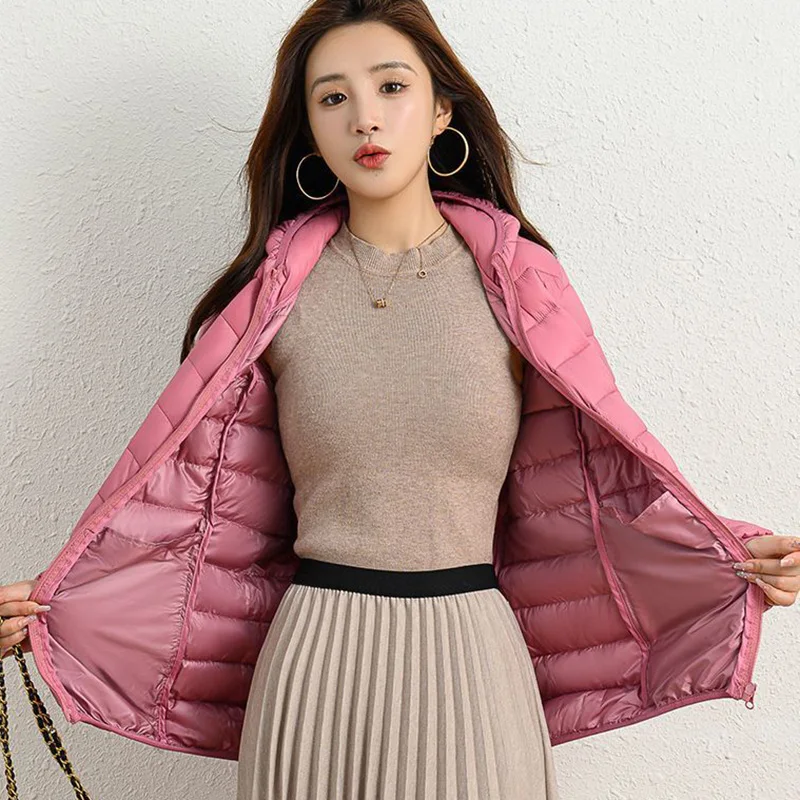 Lightweight Zipper Up Hooded Down Cotton Coats Women Autumn Winter Windproof Long Sleeve Warm Puffer Jacket Solid Color Parkas