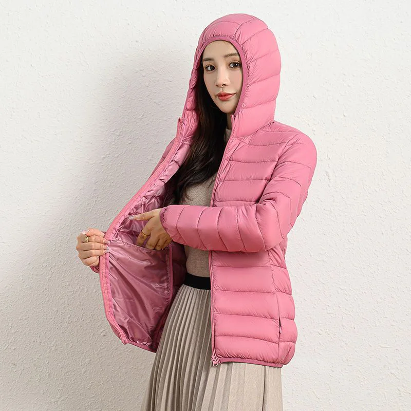 Lightweight Zipper Up Hooded Down Cotton Coats Women Autumn Winter Windproof Long Sleeve Warm Puffer Jacket Solid Color Parkas
