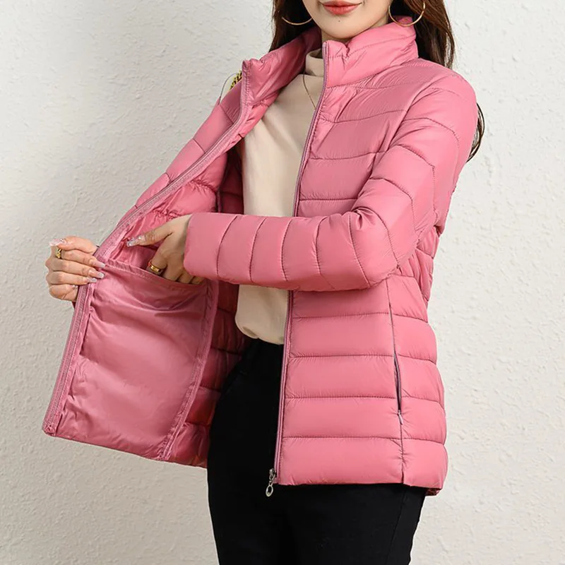 Lightweight Zipper Up Hooded Down Cotton Coats Women Autumn Winter Windproof Long Sleeve Warm Puffer Jacket Solid Color Parkas