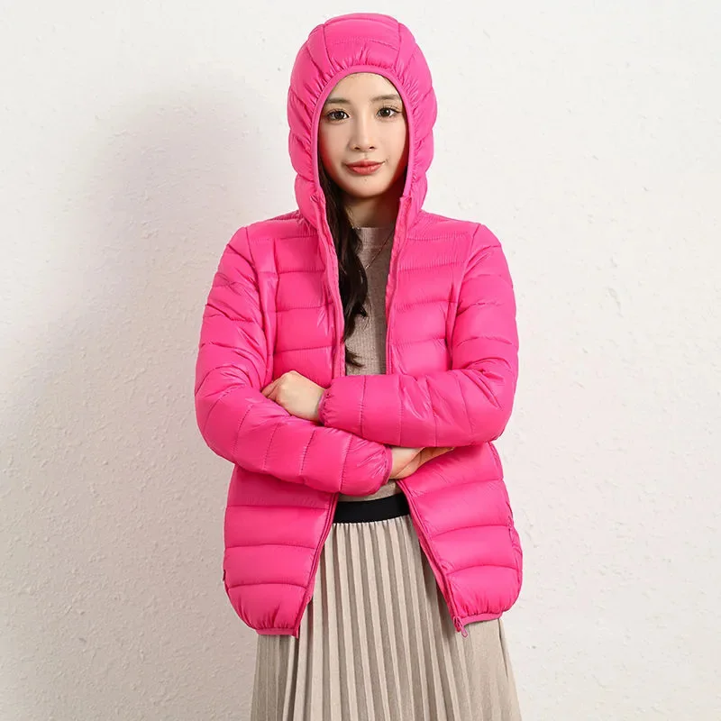 Lightweight Zipper Up Hooded Down Cotton Coats Women Autumn Winter Windproof Long Sleeve Warm Puffer Jacket Solid Color Parkas
