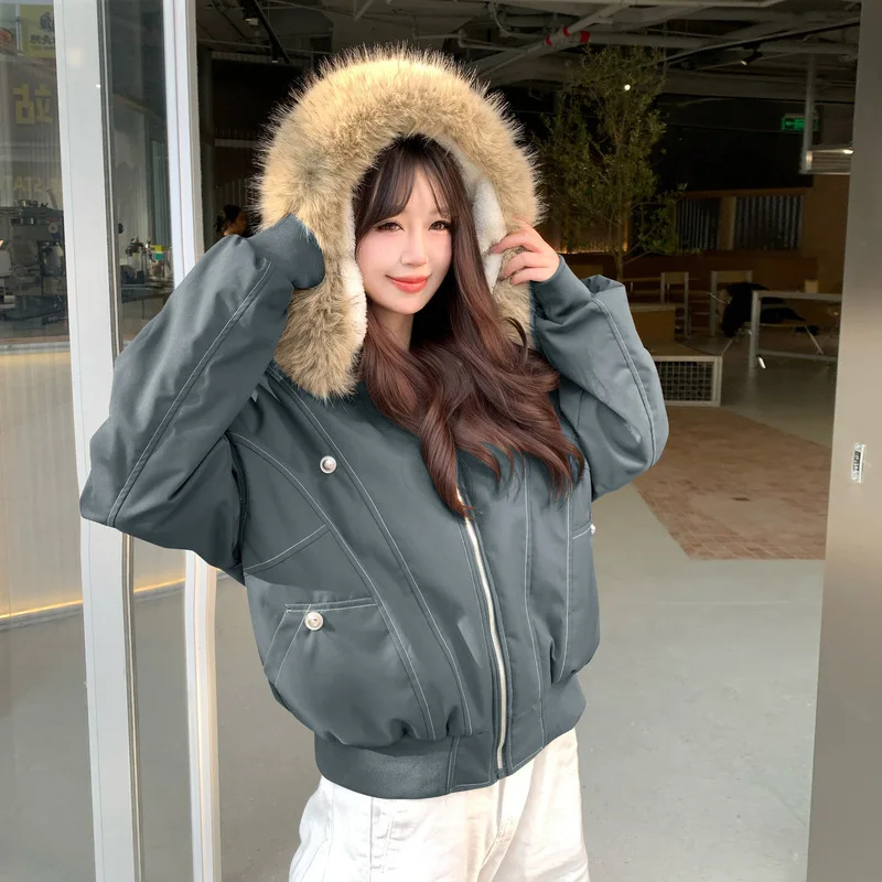 American Retro Faux Fur Collar Parkas Women Winter Loose Thick Fleece Lined Warm Jacket Female Fashion Street Padded Coat