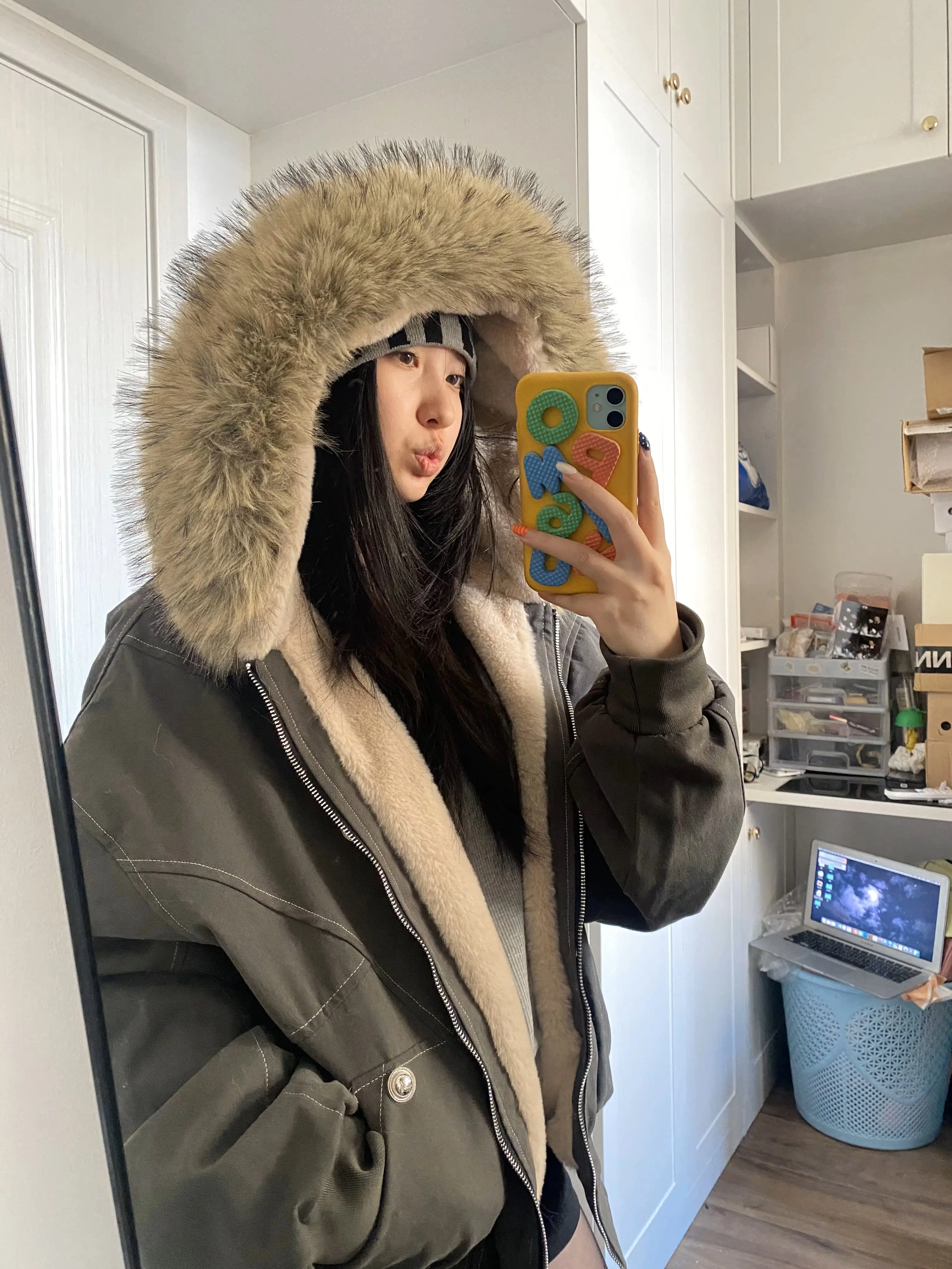 American Retro Faux Fur Collar Parkas Women Winter Loose Thick Fleece Lined Warm Jacket Female Fashion Street Padded Coat
