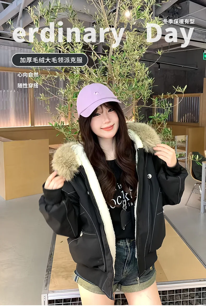 American Retro Faux Fur Collar Parkas Women Winter Loose Thick Fleece Lined Warm Jacket Female Fashion Street Padded Coat