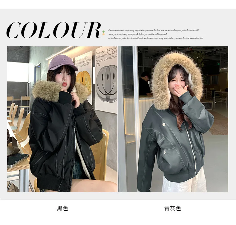 American Retro Faux Fur Collar Parkas Women Winter Loose Thick Fleece Lined Warm Jacket Female Fashion Street Padded Coat
