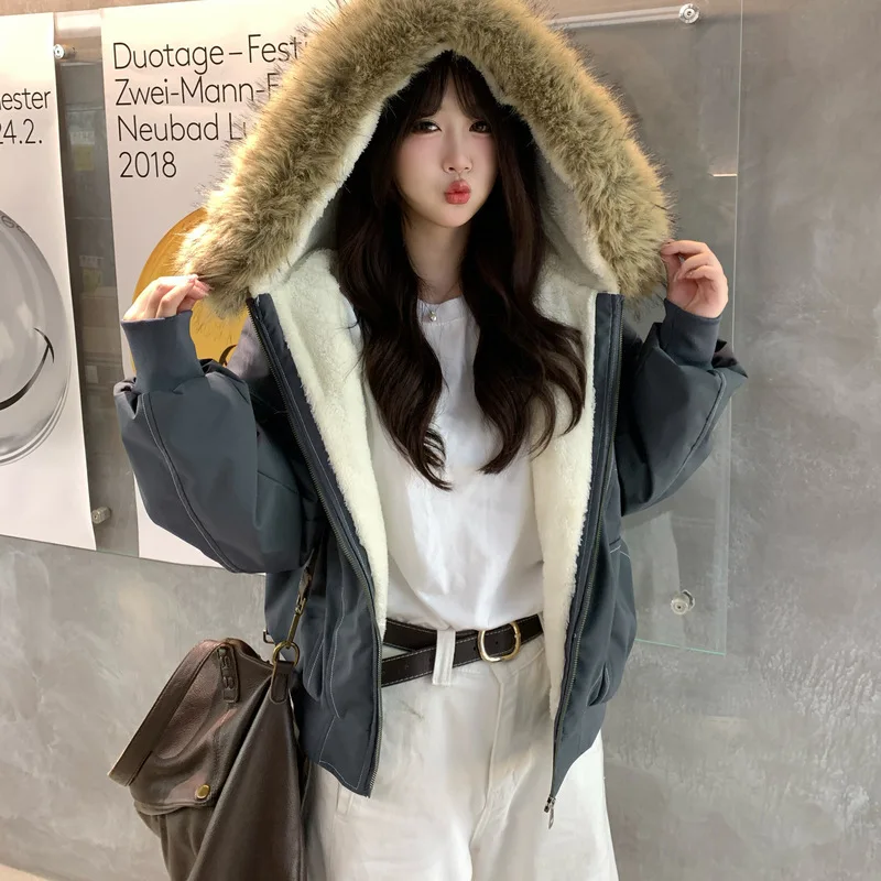 American Retro Faux Fur Collar Parkas Women Winter Loose Thick Fleece Lined Warm Jacket Female Fashion Street Padded Coat