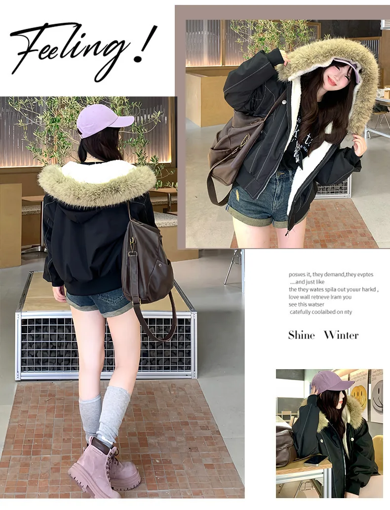 American Retro Faux Fur Collar Parkas Women Winter Loose Thick Fleece Lined Warm Jacket Female Fashion Street Padded Coat