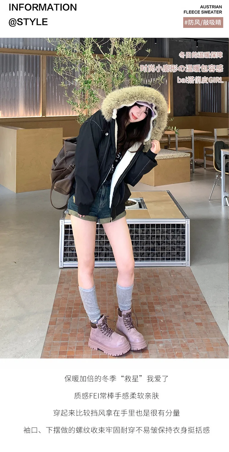 American Retro Faux Fur Collar Parkas Women Winter Loose Thick Fleece Lined Warm Jacket Female Fashion Street Padded Coat