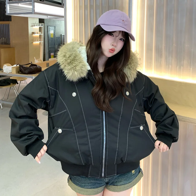 American Retro Faux Fur Collar Parkas Women Winter Loose Thick Fleece Lined Warm Jacket Female Fashion Street Padded Coat