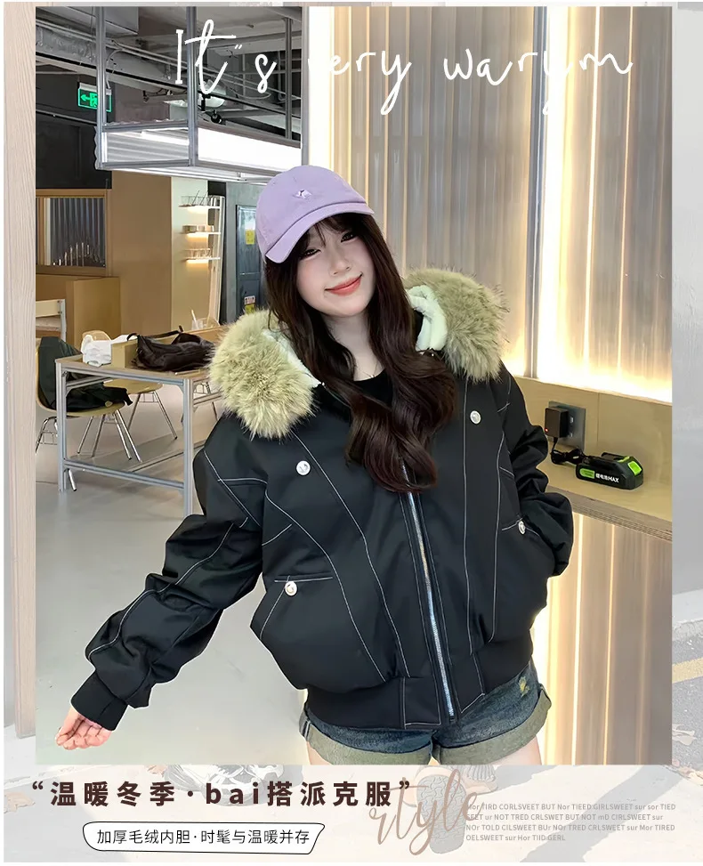 American Retro Faux Fur Collar Parkas Women Winter Loose Thick Fleece Lined Warm Jacket Female Fashion Street Padded Coat