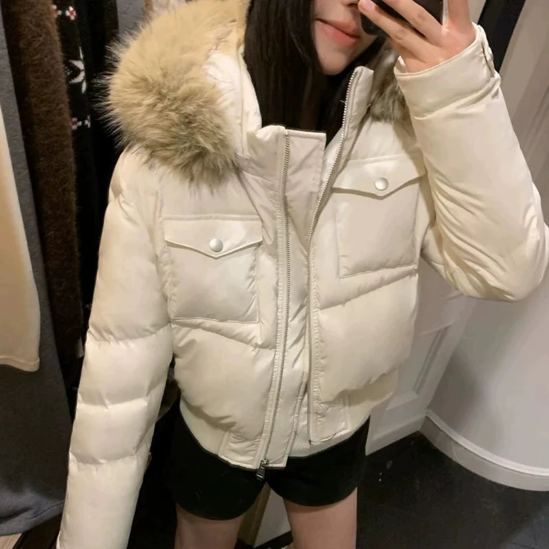 Retro British Short Hooded Parkas Women Winter Detachable Faux-Fur Collar Padded Jacket Woman Solid Multi Pockets Puffer Jackets