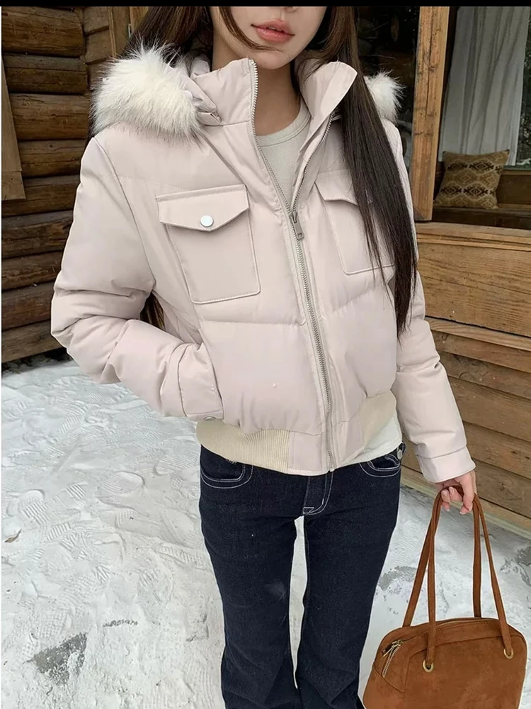 Retro British Short Hooded Parkas Women Winter Detachable Faux-Fur Collar Padded Jacket Woman Solid Multi Pockets Puffer Jackets