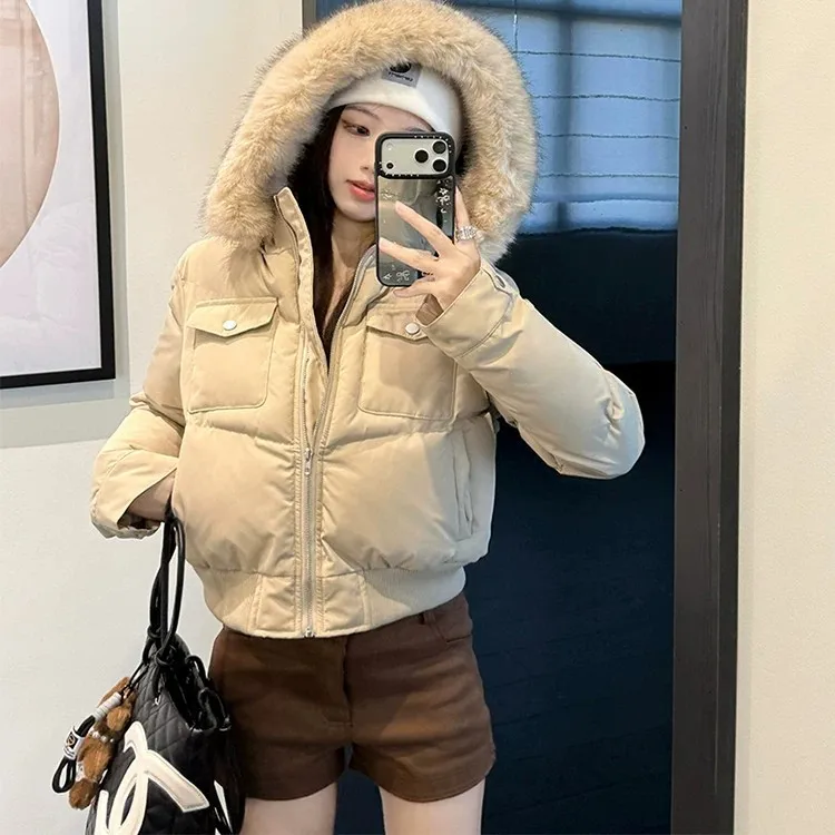 Retro British Short Hooded Parkas Women Winter Detachable Faux-Fur Collar Padded Jacket Woman Solid Multi Pockets Puffer Jackets