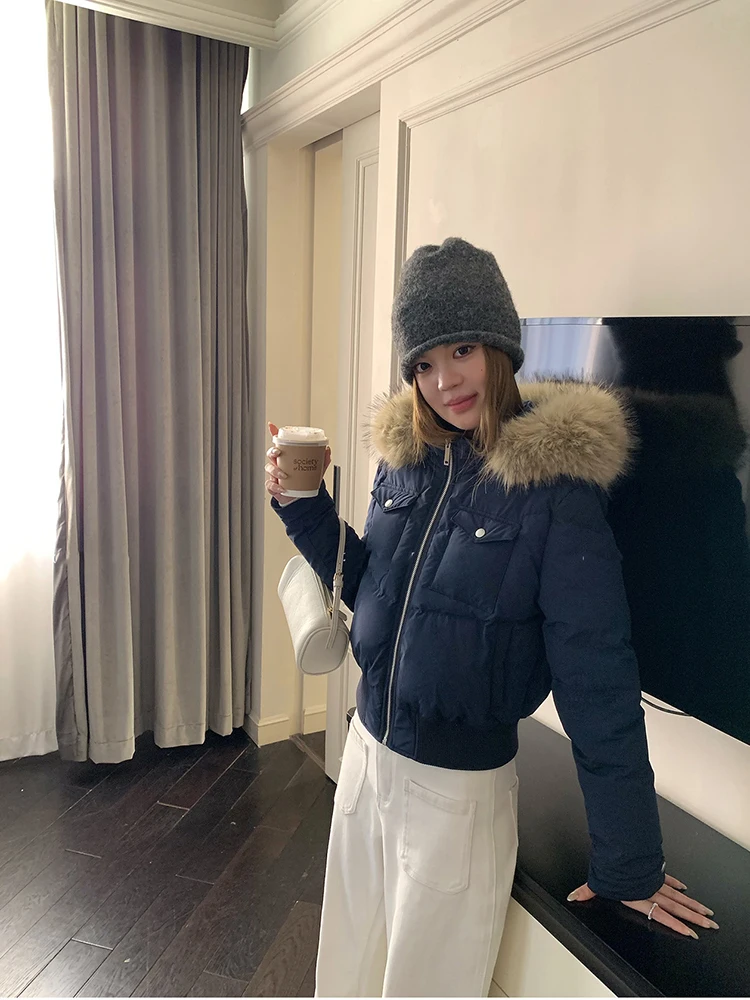 Retro British Short Hooded Parkas Women Winter Detachable Faux-Fur Collar Padded Jacket Woman Solid Multi Pockets Puffer Jackets