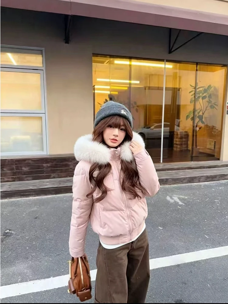 Retro British Short Hooded Parkas Women Winter Detachable Faux-Fur Collar Padded Jacket Woman Solid Multi Pockets Puffer Jackets