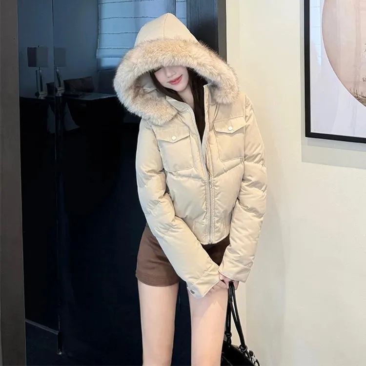 Retro British Short Hooded Parkas Women Winter Detachable Faux-Fur Collar Padded Jacket Woman Solid Multi Pockets Puffer Jackets