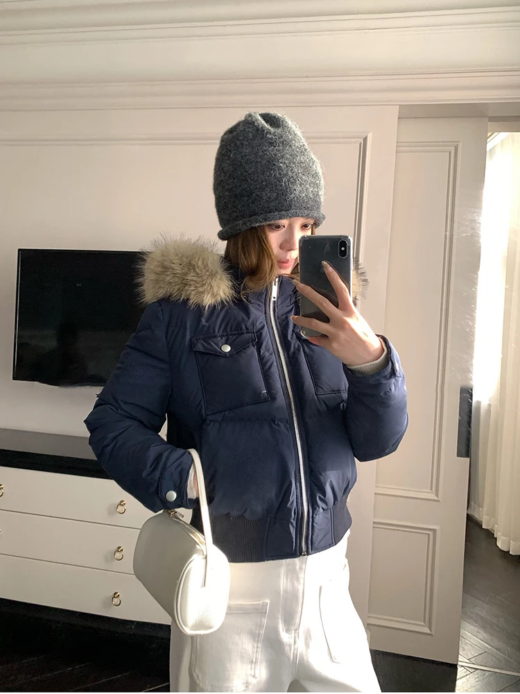 Retro British Short Hooded Parkas Women Winter Detachable Faux-Fur Collar Padded Jacket Woman Solid Multi Pockets Puffer Jackets