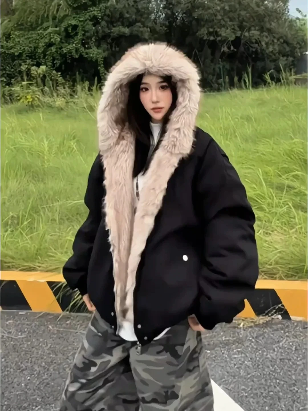 Y2K Streetwear Women Faux Fur Hood Jacket Black Cropped American Retro ZipUp Coat Harajuku Aesthetic Autumn Winter Outerwear