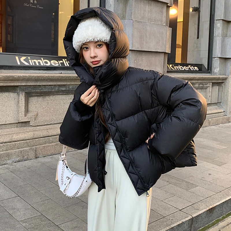 Windproof Zipper Up Stand Collar Puff Parkas Women Thicken Warm Hooded Down Cotton Coats Woman Korean Long Sleeve Short Parkas